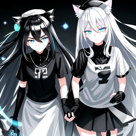 Black and white T-shirt，a skirt，black hair ornament，Silver blue hair，Blushlush，Semi-closed Eyes，Glowing blue eyes，Black hat，cat ear，Earphone，portraitures，Long flowing hair，Bangs and eyes，eye glass，looking to the camera，Black gloves