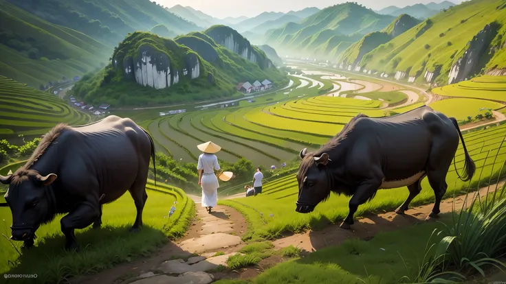 ((a beautiful picture depicting a vietnamese hometown)), the focus of the scene is on a field with steps leading up to a stairca...