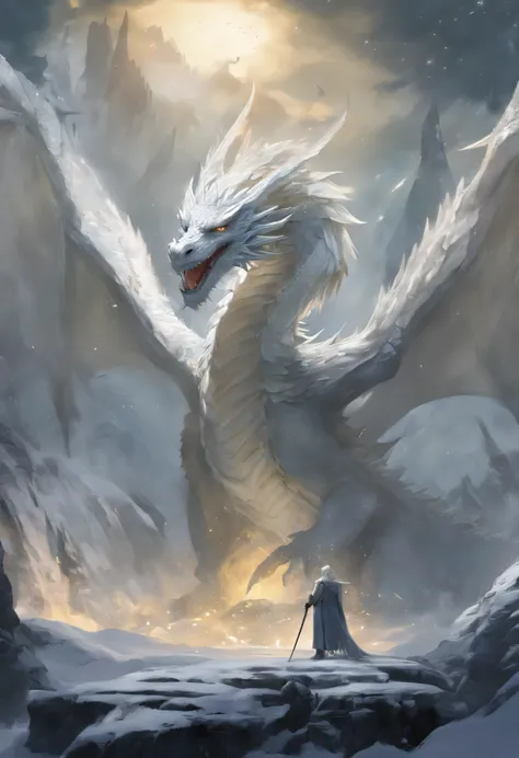 （white dragon），（Ice and snow outline the body of the dragon)，Dragon flapping its wings，(shining golden light)，alone,night,Multiple silhouettes，First-person elevation angle，Ultra-detailed，best quality，masterpiece，（8K)，Very detailed，epic artwork