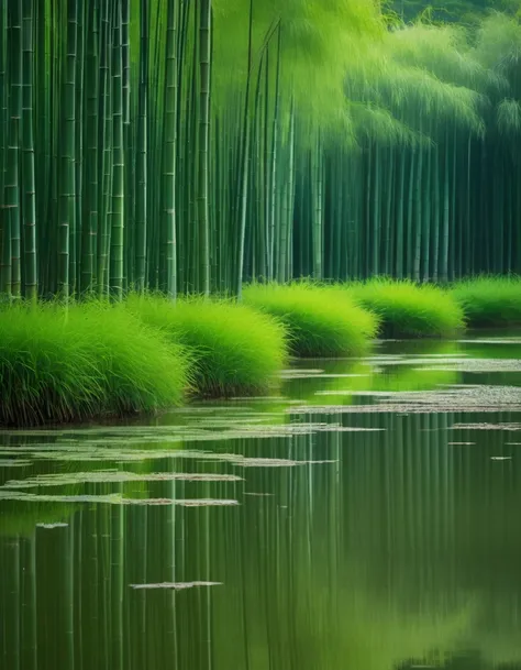 In the evening, a pond in the emerald green bamboo forest, the night rain gently caresses the pond water surface, causing ripples, as if echoing the ripples in the hearts of the ancients. There is a small theater in the middle of the pond, an ancient qin o...