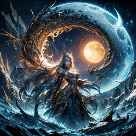 A fractal art representation of a woman in a sophisticated suit, holding a crescent moon in one hand and a radiant sun in the other, all rendered in the intricate, repeating patterns characteristic of fractal art. The scene is set against a backdrop of nig...