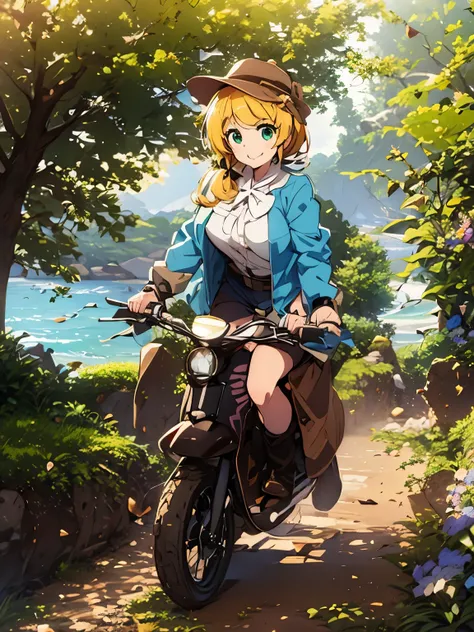 scooter bike, ride a bike,pretty girl, beautiful girl, beautiful顔, round eyes, highest quality, Super detailed, smile, belt, hat trunk case,steampunk, anime style, Ellen Baker, beautiful, green eyes, blonde hair, white shirt, bulge button, ((dark blue oute...