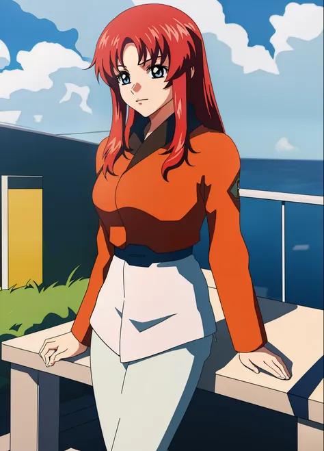 赤髪とjeansを履いたanime woman on the city, long red hair woman, blue eyed woman, all back hair, solo, anime womanが座っている, highly detail...