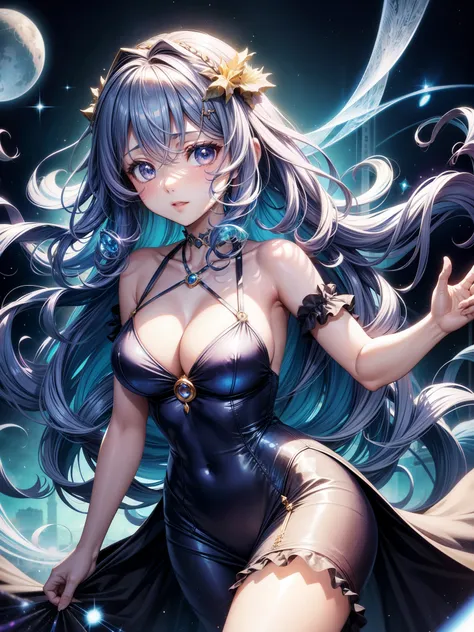 anime girl , curly thistle hair, wearing Halter dress top,have medium breasts, Sapphire eyes peer from a holographic veil, a guardian of lost data, historys echo.