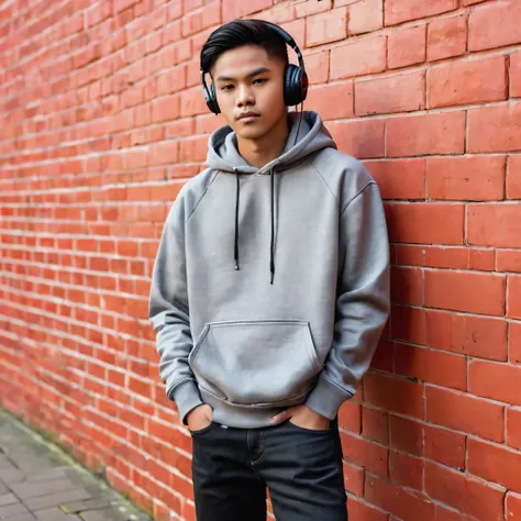 a handsome 15 year old Indonesian man with short middle-parted hair, wearing a gray hoodie, black jeans, Vantella canvas shoes, leaning against a red brick wall while listening to songs using a headset, hands in his trouser pockets.