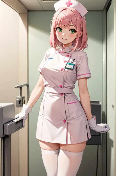 1girl, solo, nurse, white nurse cap, white nurse uniform, ((white legwear, zettai ryouiki)), white gloves, pink hair, green eyes, drooping eyes, smile, standing, ((hospital room)), sharp outline, short sleeves, best quality, masterpiece