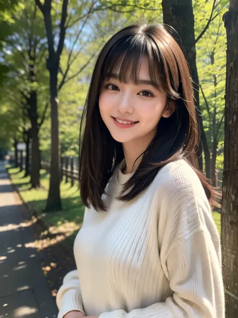 (highest quality,masterpiece:1.3,ultra high resolution),(Super detailed,caustics),(realistic:1.4,RAW shooting),1 girl,flat bangs、look at the camera with a smile、Japanese countryside streetscape、Blurred background、warm clothes、forest bathing