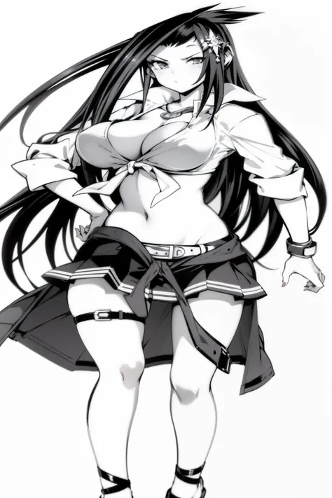 a drawing of a woman in a short skirt and top, erza scarlet as a real person, black and white manga style, black and white manga panel, female anime character, anime girl named lucy, black and white manga, tifa lockheart, seductive anime girl, by Jin Homur...