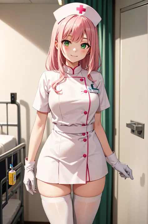 1girl, solo, nurse, white nurse cap, white nurse uniform, ((white legwear, zettai ryouiki)), white gloves, pink hair, green eyes, drooping eyes, smile, standing, ((hospital room)), sharp outline, short sleeves, best quality, masterpiece