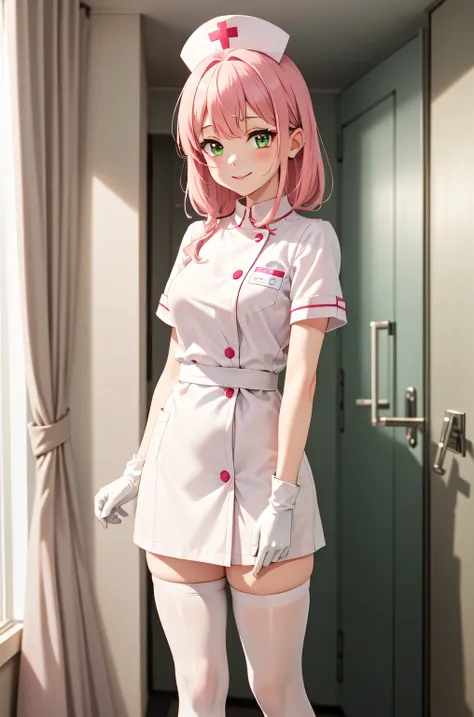 1girl, solo, nurse, white nurse cap, white nurse uniform, ((white legwear, zettai ryouiki)), white gloves, pink hair, green eyes, drooping eyes, smile, standing, ((hospital room)), sharp outline, short sleeves, best quality, masterpiece