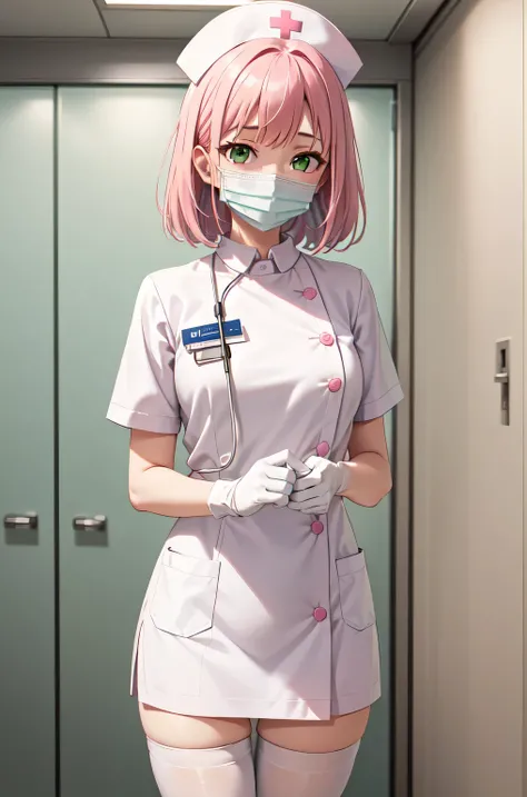 1girl, solo, nurse, white nurse cap, white nurse uniform, ((white legwear, zettai ryouiki)), white gloves, pink hair, green eyes, drooping eyes, ((white surgical mask, covered nose)), standing, ((hospital room)), sharp outline, short sleeves, best quality,...