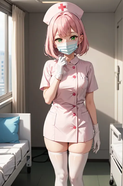 1girl, solo, nurse, white nurse cap, white nurse uniform, ((white legwear, zettai ryouiki)), white gloves, pink hair, green eyes, drooping eyes, ((white surgical mask, covered nose)), standing, ((hospital room)), sharp outline, short sleeves, best quality,...