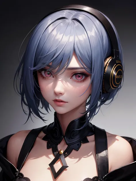 a close up of a doll with a headphone on a black background, with very highly detailed face, luts, attractive androgynous humanoid, detailed image, detailed body and eyes, he has dark grey hairs, full body 1 / 6 nihei tsutomu, face - up, 2b, 2 b, ultra det...