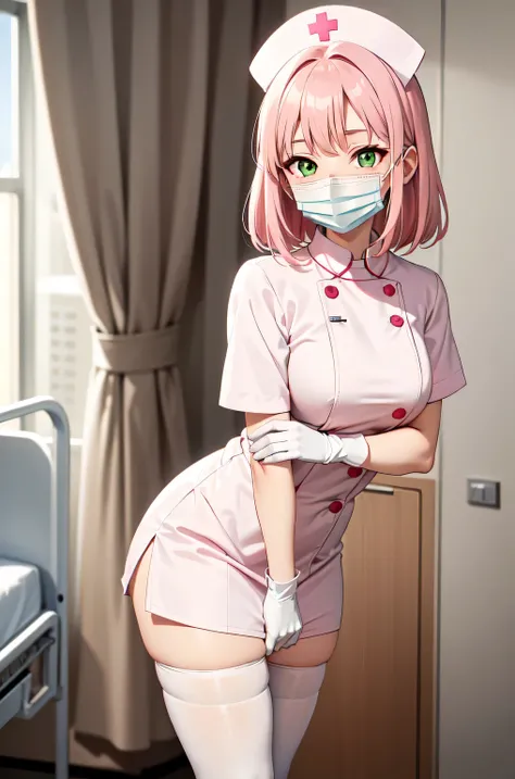 1girl, solo, nurse, white nurse cap, white nurse uniform, ((white legwear, zettai ryouiki)), white gloves, pink hair, green eyes, drooping eyes, ((white surgical mask, covered nose)), standing, ((hospital room)), sharp outline, short sleeves, best quality,...