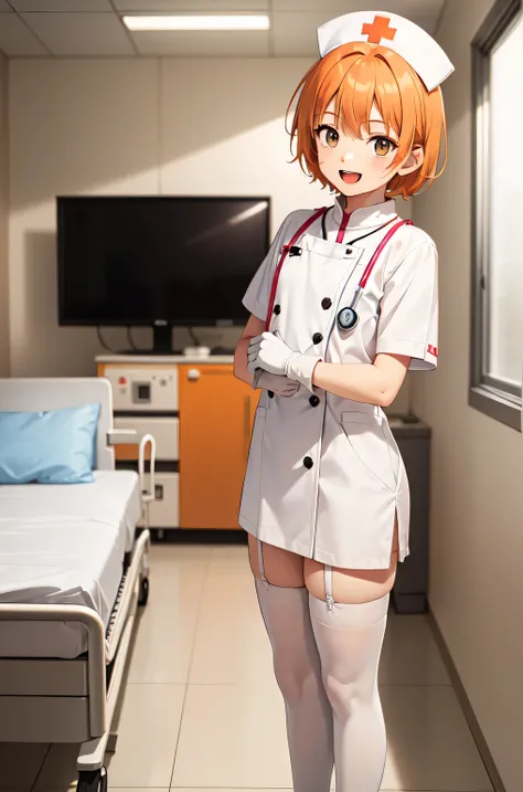 1boy, solo, male focus, nurse, white nurse cap, white nurse uniform, ((white legwear, zettai ryouiki)), white gloves, short hair, orange hair, smile, open mouth, standing, ((hospital room)), sharp outline, short sleeves, shota, 12 years old, best quality, ...