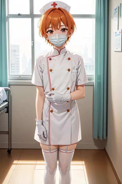 1boy, solo, male focus, nurse, white nurse cap, white nurse uniform, ((white legwear, zettai ryouiki)), white gloves, short hair, orange hair, ((white surgical mask, covered nose)), standing, ((hospital room)), sharp outline, short sleeves, shota, 12 years...