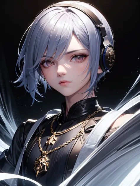 a close up of a boy with a headphone on a black background, with very highly detailed face, luts, attractive androgynous humanoid, detailed image, detailed body and eyes, he has dark grey hairs, full body 1 / 6 nihei tsutomu, face - up, 2b, 2 b, ultra deta...