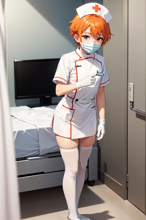 1boy, solo, male focus, nurse, white nurse cap, white nurse uniform, ((white legwear, zettai ryouiki)), white gloves, short hair, orange hair, ((white surgical mask, covered nose)), standing, ((hospital room)), sharp outline, short sleeves, shota, 12 years...
