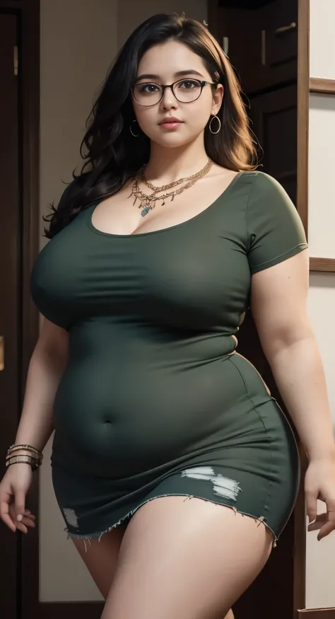 ((best quality)), ((masterpiece)), (detailed), perfect face, araffe woman in a long dark green shirt and 1/3 white denim skirt walking in black room , thicc,  wavy  short hair , she has a jiggly fat round belly, bbwchan, wearing tight simple clothes, skinn...