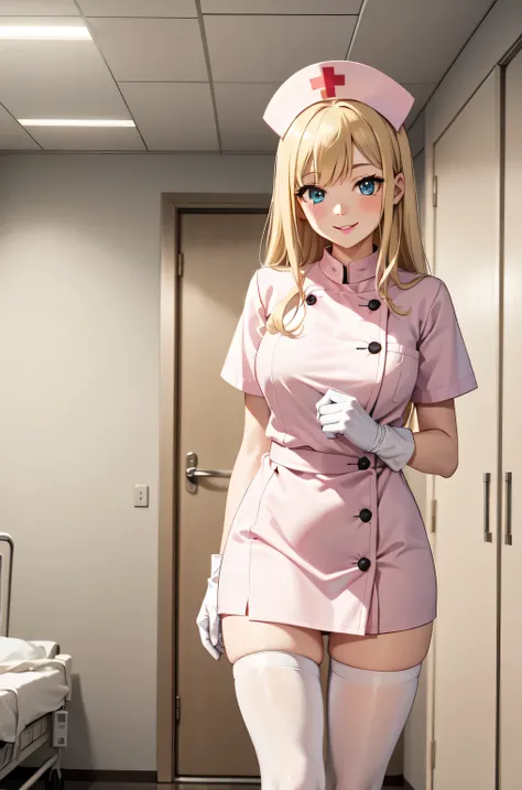 1woman, solo, nurse, white nurse cap, white nurse uniform, ((white legwear, zettai ryouiki)), white gloves, blonde hair, blue eyes, pink lips, smile, standing, ((hospital room)), sharp outline, short sleeves, mature female, 35 years old, best quality, mast...