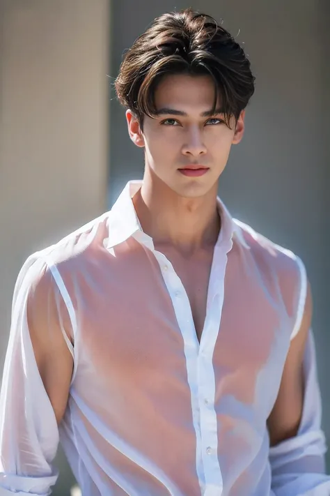 realistic photography, 8k ,handsome men ,transparent shirt