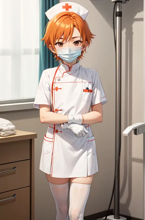 1boy, solo, male focus, nurse, white nurse cap, white nurse uniform, ((white legwear, zettai ryouiki)), white gloves, short hair, orange hair, ((white surgical mask, covered nose)), standing, ((hospital room)), sharp outline, short sleeves, shota, 12 years...