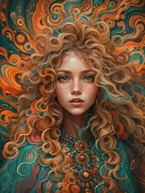 ((best quality)) , ((masterpiece)) , ((details)) ,1 female，pretty，1800s，Contrasting colors，luminous bronze，Ukrainian face，apron，fluffy hair， psychedelic style . vibrant colors, swirling patterns, abstract forms, surreal, trippy