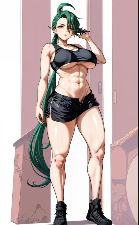 black sports braと黒いショートパンツを着て写真のためにポーズをとるアニメの女性, long green hair woman, Red-eyed woman, ponytail, clothing:black sports bra, cool woman, a woman is standing, Also, playground, outdoor, naughty anime style, sportsbra with an black, shorts with an black, big...