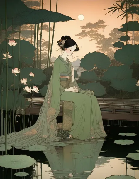 evening，sunset，an ancient beauty sitting by a lotus pond,  a lotus pond，bamboo grove at sunset, art print in the style of frankl...