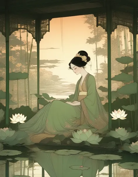 in style of conté artwork, beautiful detailed，evening，sunset，an ancient beauty sitting by a lotus pond,  a lotus pond，bamboo gro...