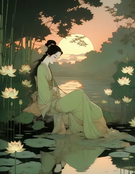 in style of conté artwork, beautiful detailed，evening，sunset，an ancient beauty sitting by a lotus pond,  a lotus pond，bamboo gro...