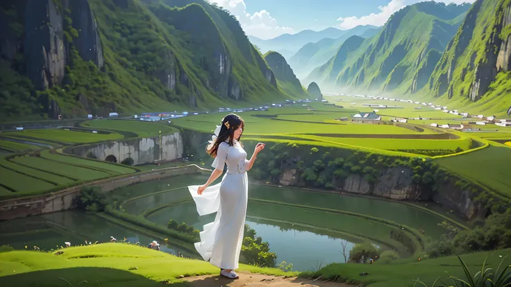 ((A beautiful picture depicting a Vietnamese hometown)), The focus of the scene is on a field with steps leading up to a staircase. In the field, there are Vietnamese farmers working diligently. The atmosphere is filled with the warm glow of beautiful suns...