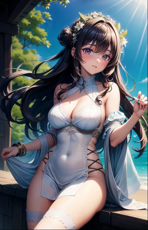 anime girl , curly thistle hair, wearing Halter dress top,have medium breasts, Data Stream Oasis. A serene figure in white, Sienna dances through the information flow, code butterflies fluttering around her fingertips.