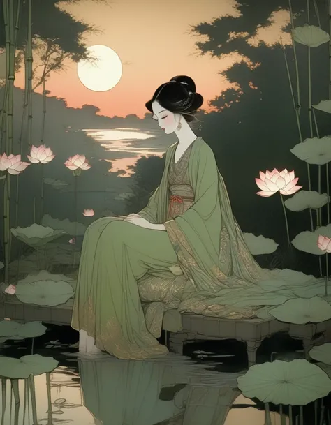 in style of conté artwork, in style of glitter art,, beautiful detailed，evening，sunset，an ancient beauty sitting by a lotus pond...