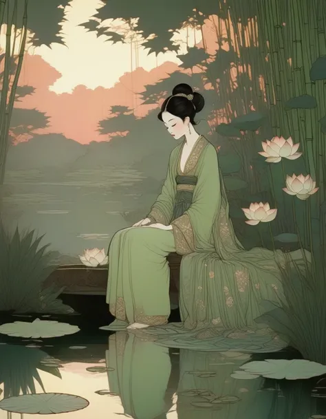 in style of conté artwork, in style of glitter art,, beautiful detailed，evening，sunset，an ancient beauty sitting by a lotus pond...