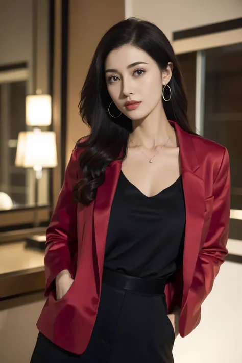 Beautiful girl in red blazer , (mid shot), black bra, Best quality at best, lamplight, ultra - detailed, Dark brown long fashion hair, wearing necklace, wearing small earrings, A high resolution, 8k wallpaper, Perfect dynamic composition, beautidful eyes, ...