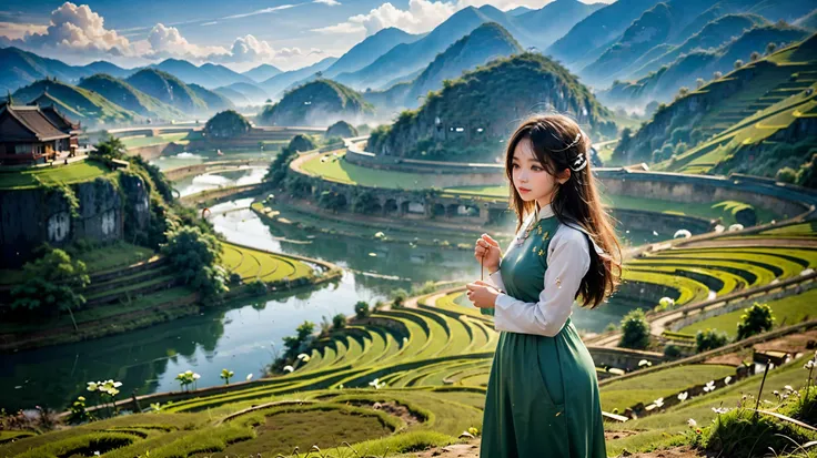 ((a beautiful picture depicting a vietnamese hometown)), the focus of the scene is on a field with steps leading up to a stairca...