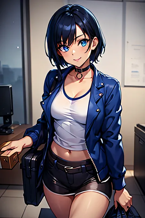 ((masterpiece)), (bestquality), ((ultra-detailed)), ((cinematic lighting)), depth of field, (dynamic angle),detailed lighting, (beautiful detailed blue eyes), 1girl, handing over a package, short black hair, tanned skin, Choker, tomboy, top and shorts, Jac...