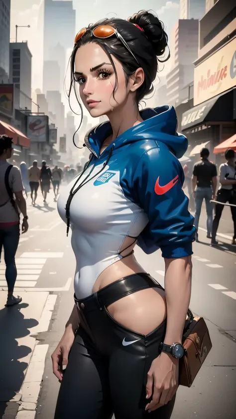 ((Best quality, 8K, masterpiece: 1.3)), Detailed eyes, (view from the front), Look at the camera, (Best Ratio: 4 fingers, 1 thumb), (portrait), 1 person, Nico Robin ( (one piece)), Beautiful woman, very detailed facial and skin texture, standing upright, o...