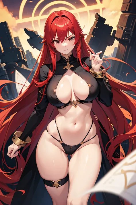 1girl, nsfw, red hair colour, long hair, cute, sexy pose, full white skin, body, black skimpy magician clothing, d cup breasts, thicc, big breasts, big hips, white skin, tall, standing, anime girl, 2d, 4K, masterpiece, high quality, looking forward, angry ...