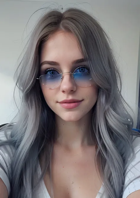 A close-up selfie of a pretty young woman taken with an iPhone camera. The woman looks very beautiful, with her hair in a 1.3 ombre style in shades of grey-blue. The photo has a film grain effect and medium quality.