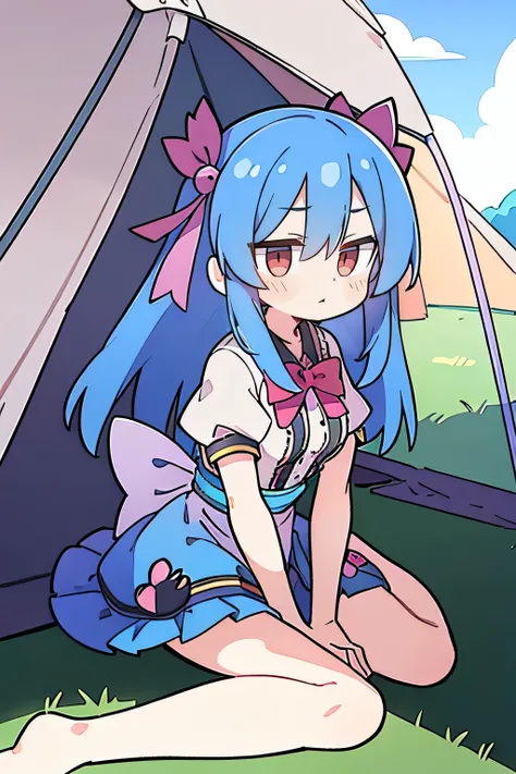 (masterpiece),best quality, expressive eyes, perfect face,sit, sit on ground, Legs on the ground, 1girl,
Big breasts, H cup, Good breasts, Put your hands on your waist,fair, Gorgeous,Japanese cartoons,girl,lola,Hina Angel, blue hair, blue haired,tent , ten...