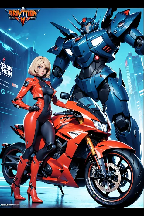 ((Anime poster of a girl driving a futuristic motorcycle with a giant cybertron-style robot on her back)), Ir Nagai, movie poster, movie promotional art, editado en 3d como el corredor de velocidad , ova style, movie artwork, mecha anime