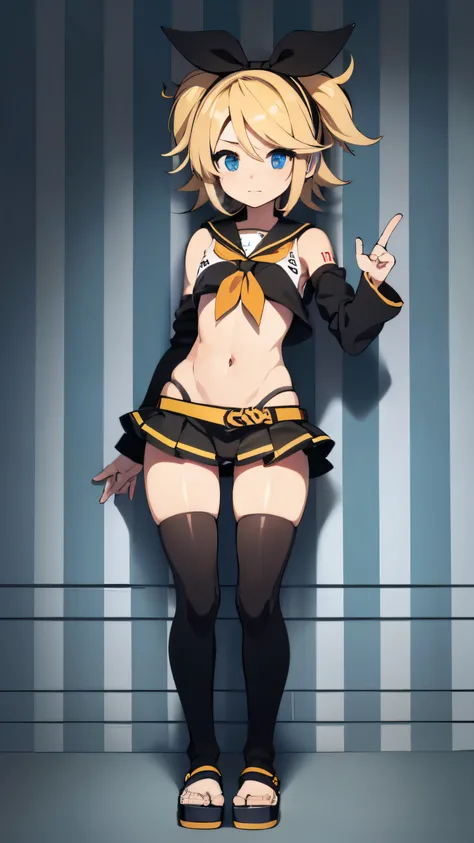 Kagamine rin , mini falda , bragas a la vista , rostro apenado , mejillas ruborizadas , viendo al espectador , imagen de cuerpo completo , (perfect body proportion)