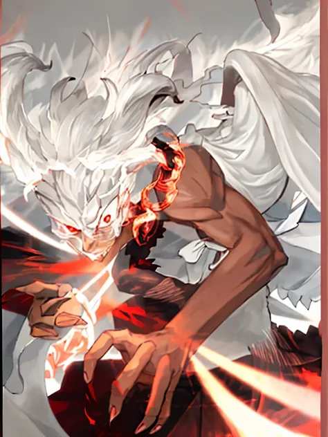 Dark-skinned, white hair, bright white eyes, wings on the back, hand on fire, fighting stance, Reddish Aura