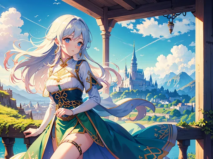 Beautiful woman, beautiful scenery, clear image quality, pleasant sky, beautiful sunshine,celtic culture, nice clothes,super high quality,delicate images,magical city、Celtic cityscape、 anime style,National costume