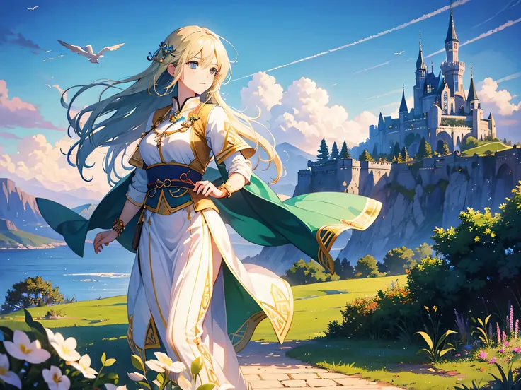 Beautiful woman, beautiful scenery, clear image quality, pleasant sky, beautiful sunshine,celtic culture, nice clothes,super high quality,delicate images,magical city、Celtic cityscape、 anime style,National costume