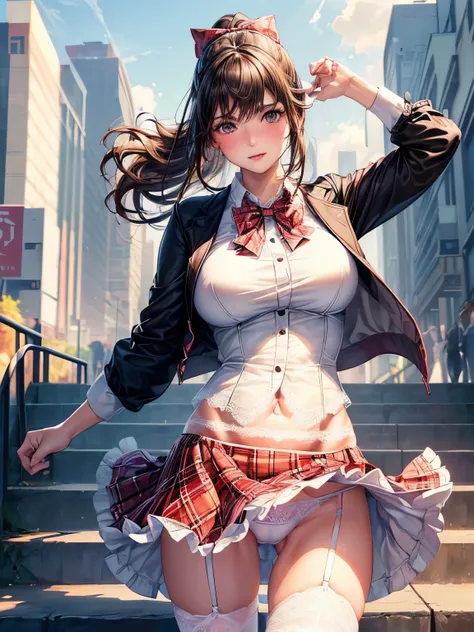 ((highest quality, High resolution, perfect pixel, 4k))), 1 woman, beautiful woman、I could see the whole body、walking down the subway stairs、lots of commuters、 ((ponytail, bangs, brown hair)), ((brown eyes, beautiful eyelashes, realistic eyes)), ((detailed...