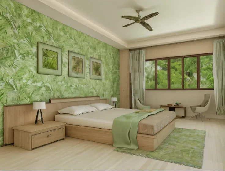 bedroom, tropical design, (realistic:1.2), raw photo,masterpiece, high quality, best quality, authentic, super detail,