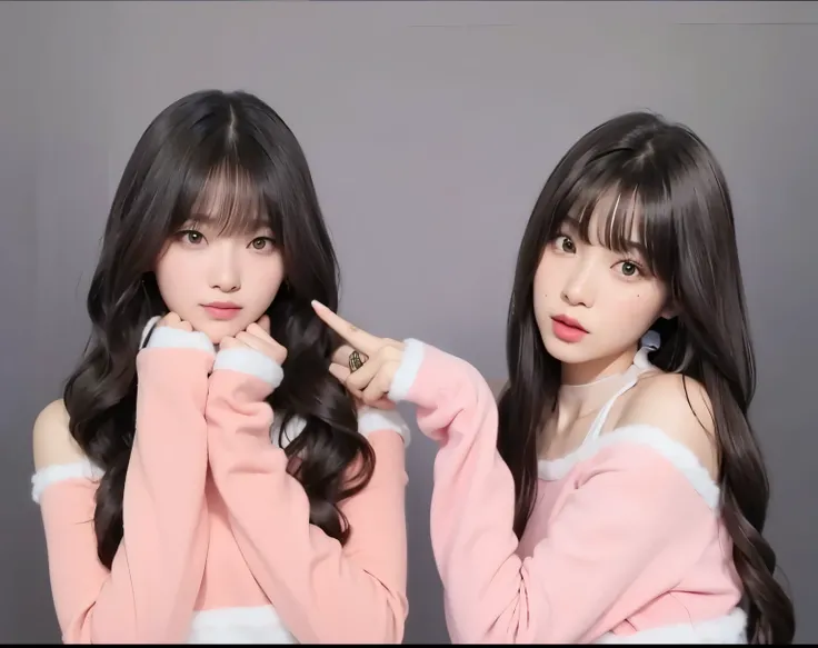 Two women in pink sweaters posing for a photo with their hands on their hips., ulzzang, Lalisa Manobal, beautiful gemini Mellizos, beautiful gemini Mellizos portrait, Mellizos, con un gemelo, nixeu y sakimichan, dos colas, sakimichan, dos colas hairstyle, ...